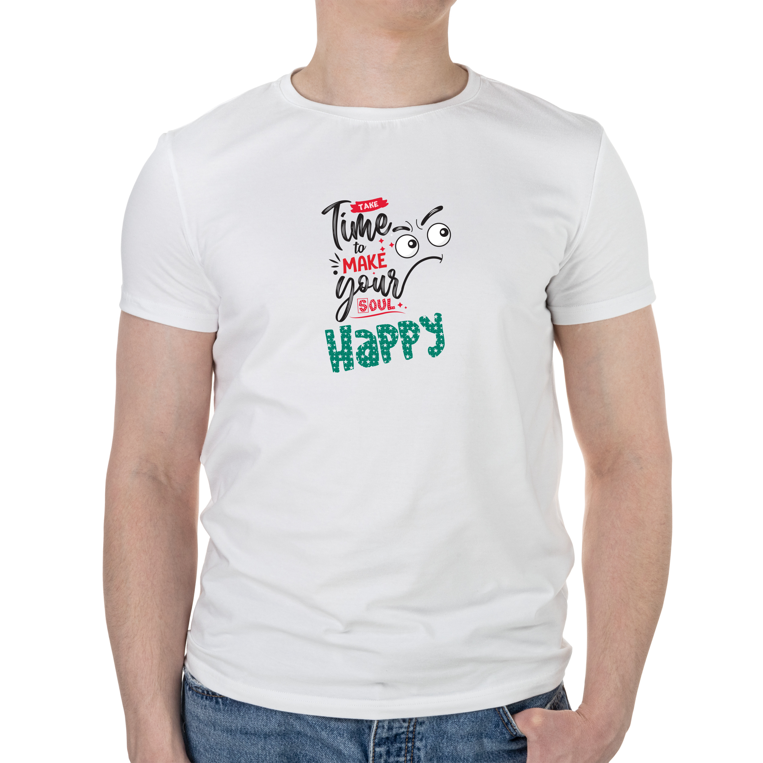 Футболка чоловіча біла бавовна/еластан А4 розміру Time for make your soul happy M - фото 1 - Футболки